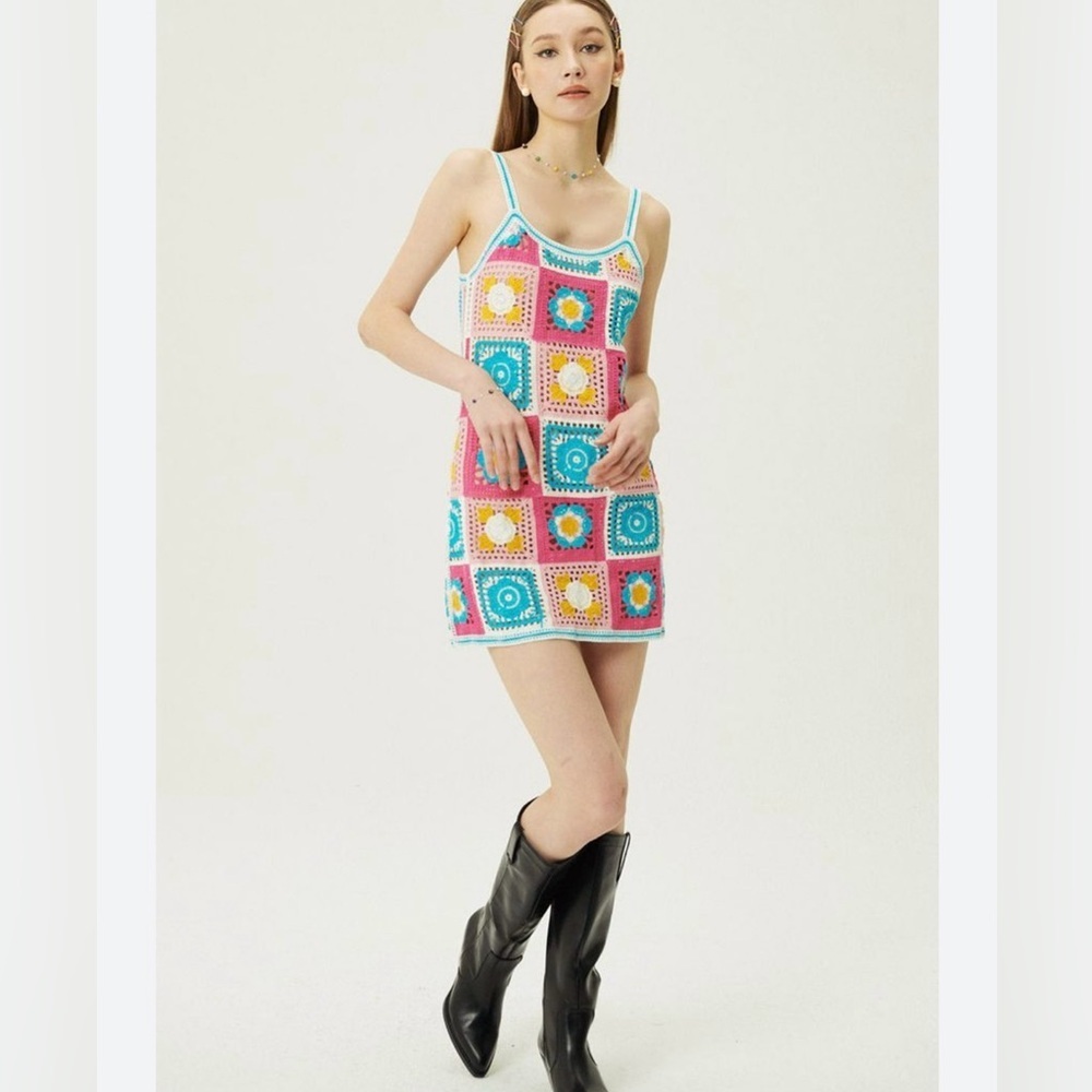 Crochet Square-Pattern Mini Dress in Pink & Blue
